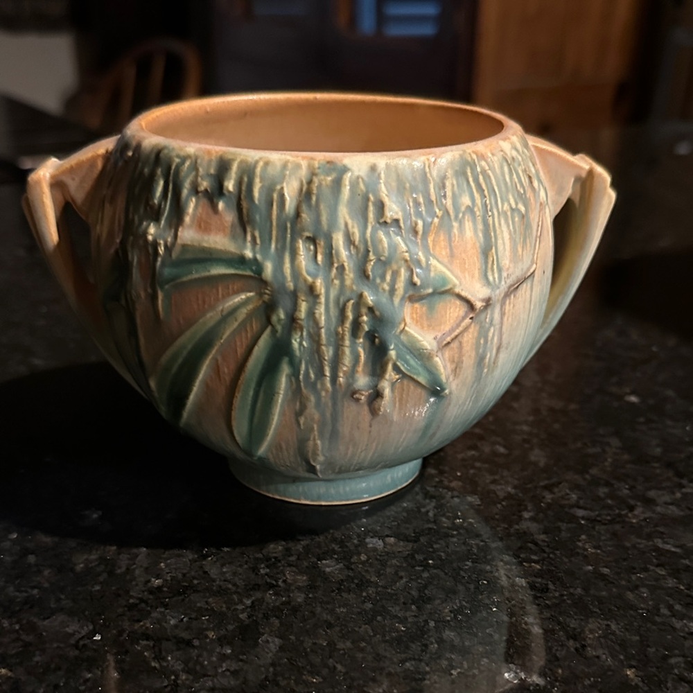 Roseville Ceramic Relief Planter in Seafoam Green and Tan